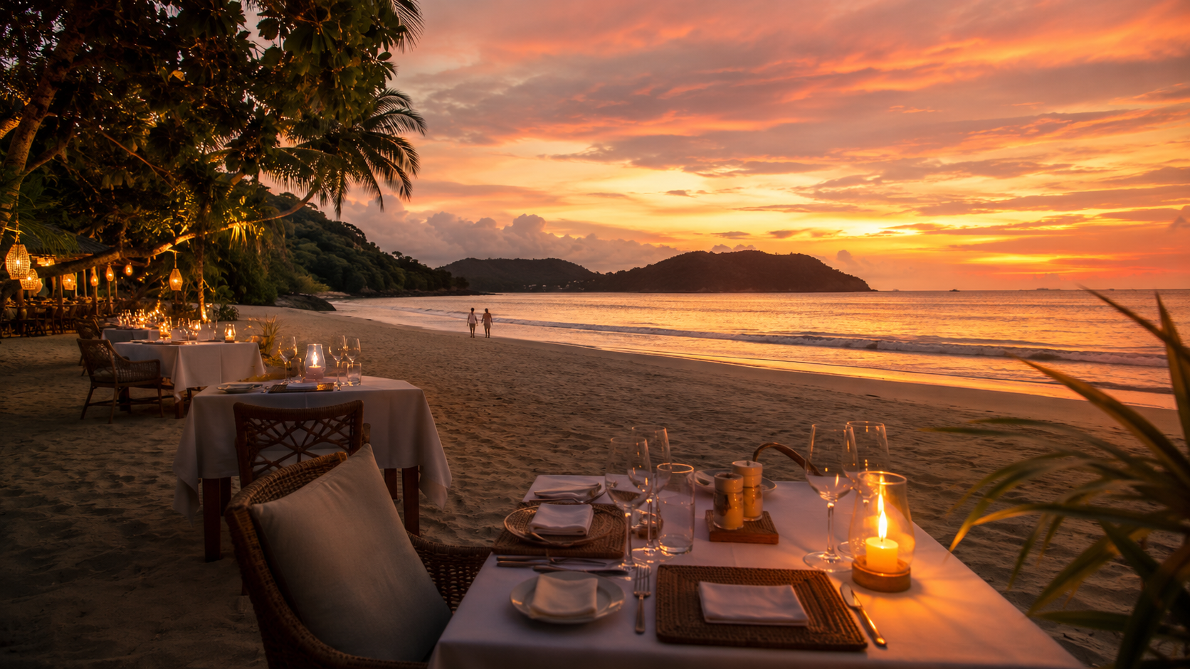 Beachfront sunset dining scene